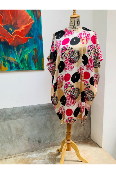 Abstract Blouse (E93) - Black & Magenta Abstract Design.